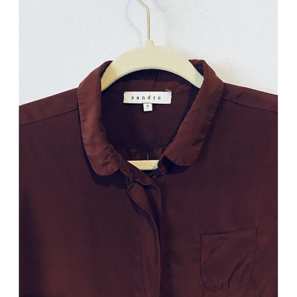 Sandro Top Womens 3/Large Button Up 3/4 Sleeve Split Back Maroon Silk Blouse - Picture 2 of 5